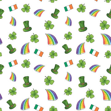 St Patrick's Day hand drawn doodle Seamless pattern, with leprechaun hat, rainbow, four leaf clover, flag of Ireland vector illustration background.