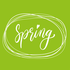 Handwritten lettering of Spring on green background.