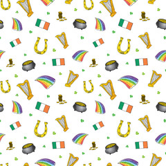 St Patrick's Day hand drawn doodle set, with leprechaun, pot of gold coins, rainbow, beer, four leaf clover, horseshoe, celtic harp and flag of Ireland vector illustration isolated on white.