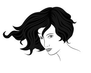Black and white vector image of a girl with loose hair.