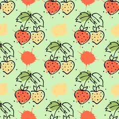 Vector fruits seamless pattern.Fruits with leaves, decorative elements, blots, drops, splash Hand drawn contour lines and strokes Doodle sketch style, graphic vector drawing illustration