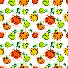 Fototapeta premium Seamless vector pattern. Hand drawn fruits illustration with splash and drop, cute background. Line drawing,