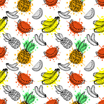 Seamless vector pattern. Hand drawn fruits illustration with splash and drop, cute background. Line drawing,