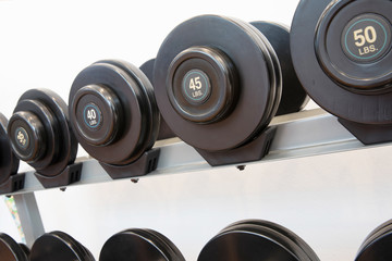 rows of metal dumbbells on rack in the gym