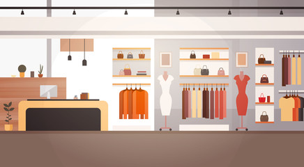 Big Fashion Shop Super Market Female Clothes Shopping Mall Interior Banner With Copy Space Flat Vector Illustration