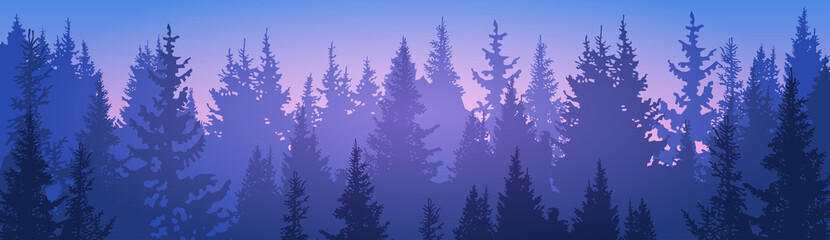 Fototapeta premium Pine Forest Landscape Mountain Sky Woods Flat Vector Illustration