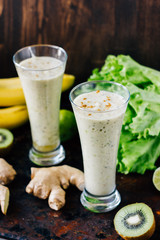 Vegetarian drink - ginger smoothie with banana and kiwi.