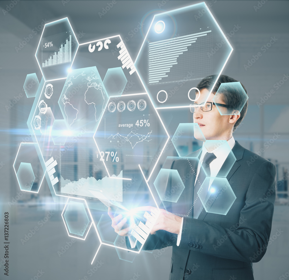 Poster businessman using device with charts
