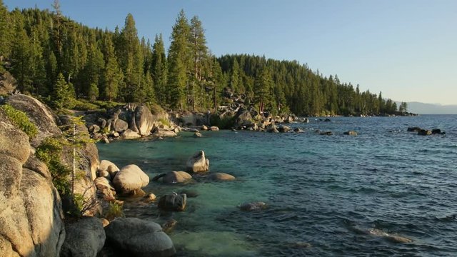 Locked down view along Lake Tahoe's eastern shore near sunset.