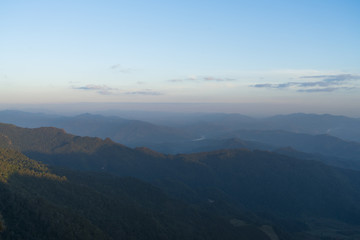 Mountain view with blue sky and clouds.