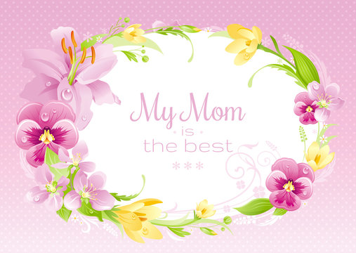 Spring background. Happy Mothers day flyer. Flower frame lily, pansy, crocus, cherry. Isolated wreath. Nature border, flat vector illustration. Cute mom banner. Mother greeting card text lettering