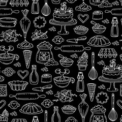 Vector seamless pattern with hand drawn cakes on black color. Pattern on the theme of food and kitchen