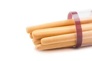 Toasted wheat bread sticks isolated on a white background.