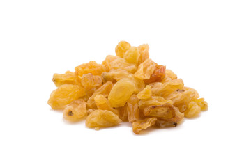 Golden raisin isolated on white background.