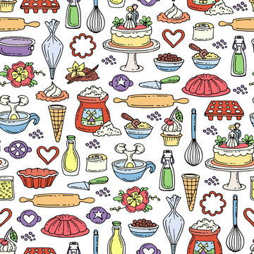Vector seamless pattern with hand drawn colored cakes. Pattern on the theme of food and kitchen