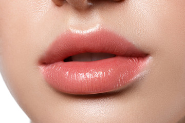 Perfect natural lip makeup. Close up macro photo with beautiful female mouth. Plump full lips. - obrazy, fototapety, plakaty