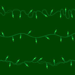 Set of green shining garland lights with holders isolated on transparent background. Christmas, New Year party decoration realistic design elements. Glowing lights for Xmas. Holiday greeting design.