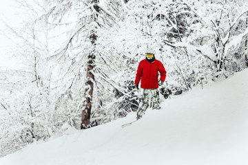 Man in red ski jacket and white helmet goes down the snowed hill in the forest