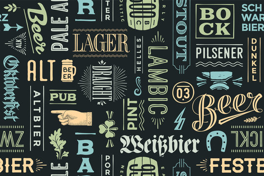 Seamless pattern with types of beer and hand drawn lettering for bar, pub, cafe, fest and party. Vintage drawing for placemat, bar menu, t-shirt print and beer themes. Vector Illustration