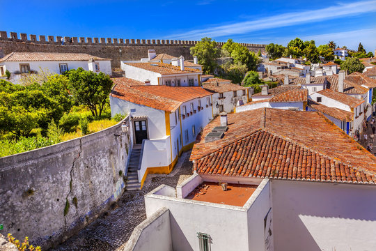 Castle Walls Orange Roofs Narrow Street Obidos Portugal