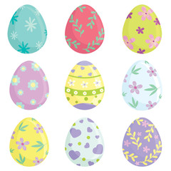 Different decorated colorful Easter eggs. Vector illustration.