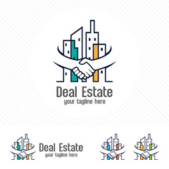 Property deal logo design vector. Real estate or apartment trading concept with hand shake symbol .