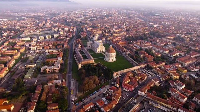 Aerial shot, Piazza dei Miracoli in Pisa city in Tuscany, Italy