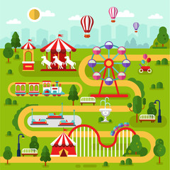 Flat design vector landscape illustration of amusement park map with air balloons, carousel, ferris wheel, roller coasters, attractions, train, cars, road. Infographics elements.