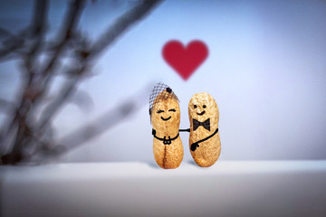 St. Valentines card. Invitation. Love concept. Wedding. Date in the evening. Creative hand made couple made from nuts. Talking Lovers on the date. Funny cute peanuts in love in night. Healthy snack.