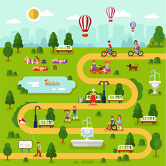 Fototapeta na wymiar Flat design vector summer landscape illustration of park map. People rest in the park, sunbathing, ride on bikes, picnic, disabled men and old woman walking. Pond with ducks, fountain, air balloon.