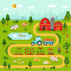 Flat design vector illustration of farm map with barn, garden, tractor, road, beds of carrot, tomatoes, pumpkin, cow, duck, chicken. Farming, agricultural, organic infographic concept.