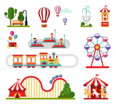 Flat design vector icons set of amusement park and attractions elements for infographic map design. Carousel, ferris wheel, roller coaster, train, cars. People rest in the park concept.