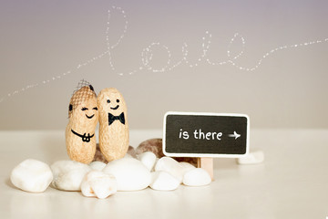 Two peanuts with drawn faces hugging on pink vanilla background. Family, love, wedding, anniversary, travel honeymoon or taking care concept idea. Template mock up " love is there".