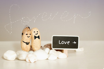 Forever love idea. Two peanuts with drawn faces hugging on pink vanilla background. Family, love, wedding, anniversary, travel honeymoon or taking care concept. Template mock up chalkboard copy space