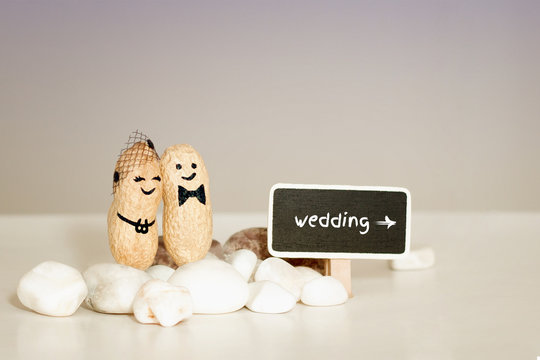 Wedding celebration party invitation idea. Happy future family with love. Happy Wedding day card Pink vanilla colors. Hugging peanuts with happy drawn face expressions. Mock up template copy space. - Powered by Adobe