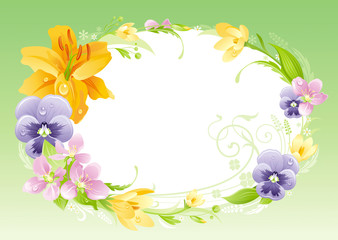 Spring summer banner. Easter, Mothers day, Birthday, Anniversary, Wedding invitation. Flower frame lily, pansy, leaves. Isolated wreath. Nature border, background vector illustration. Greeting card