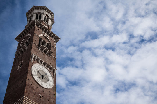 Clock tower, low angle view, Verona, Veneto, Italy