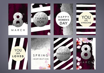 International Women's Day cards set. Shabby gold, black and white stripes, blossom plum, velvet and marble texture. The eighth of March decoration concept. - 137239032