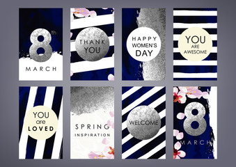 International Women's Day cards set. Shabby gold, black and white stripes, blossom plum, velvet and marble texture. The eighth of March decoration concept. - 137239064