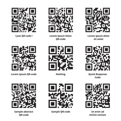 Sample Lorem Ipsum QR code set. Quick response codes with meaningless filler texts encoded in it. Ready to scan. Vector eps8 illustration.
