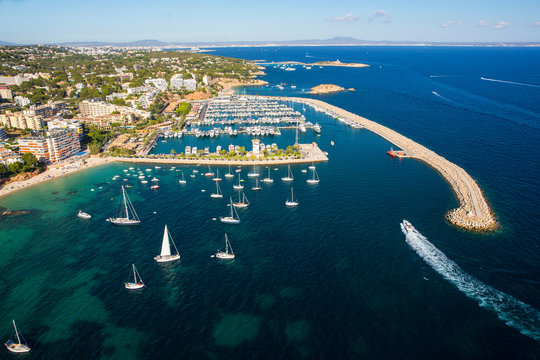 High angle view of yachts anchored on coastline, Majorca, Spain