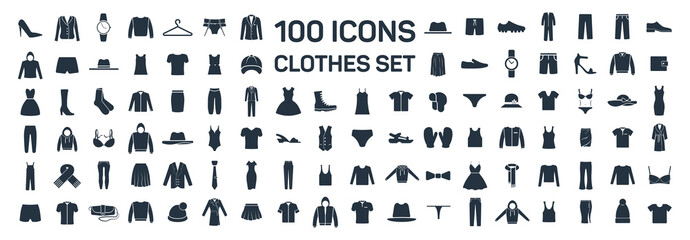 Clothes 100 icon set on white background - obrazy, fototapety, plakaty