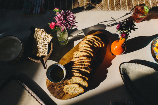 Plate of sliced bread, olive oil