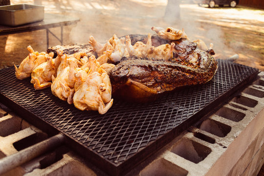 Selection of meats on barbecue grill, close-up
