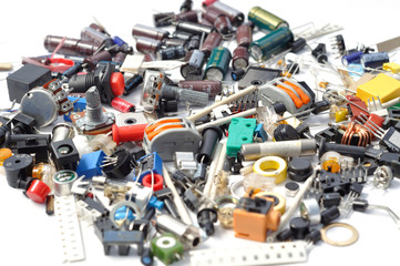 Electronics parts, components on a white background