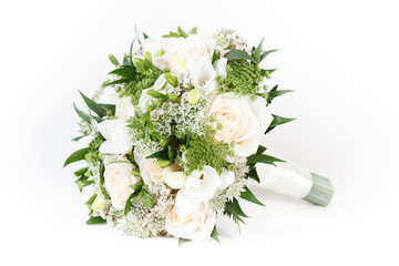 Naklejka na ściany i meble Ivory and green wedding bouquet of roses and freesia flowers