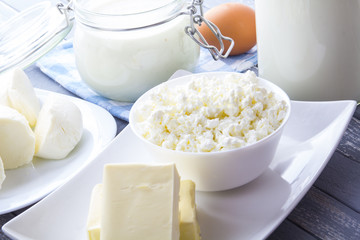 Dairy products curd cheese Milk Yogurt natural products wood background
