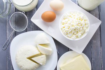 Dairy products curd cheese Milk Yogurt natural products wood background
