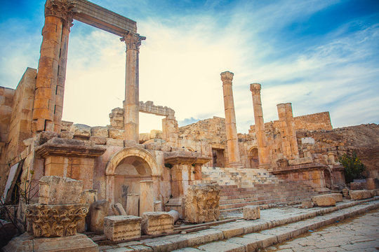 Ancient Roman ruins of temple in Jerash, Jordan