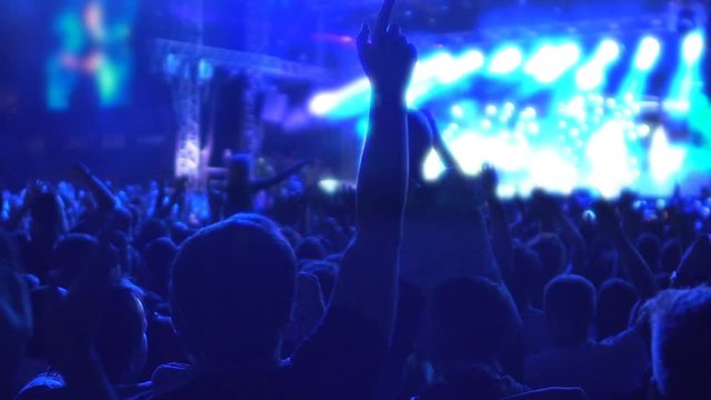 Happy crowd of people jumping in euphoria, enjoying good music at rock show